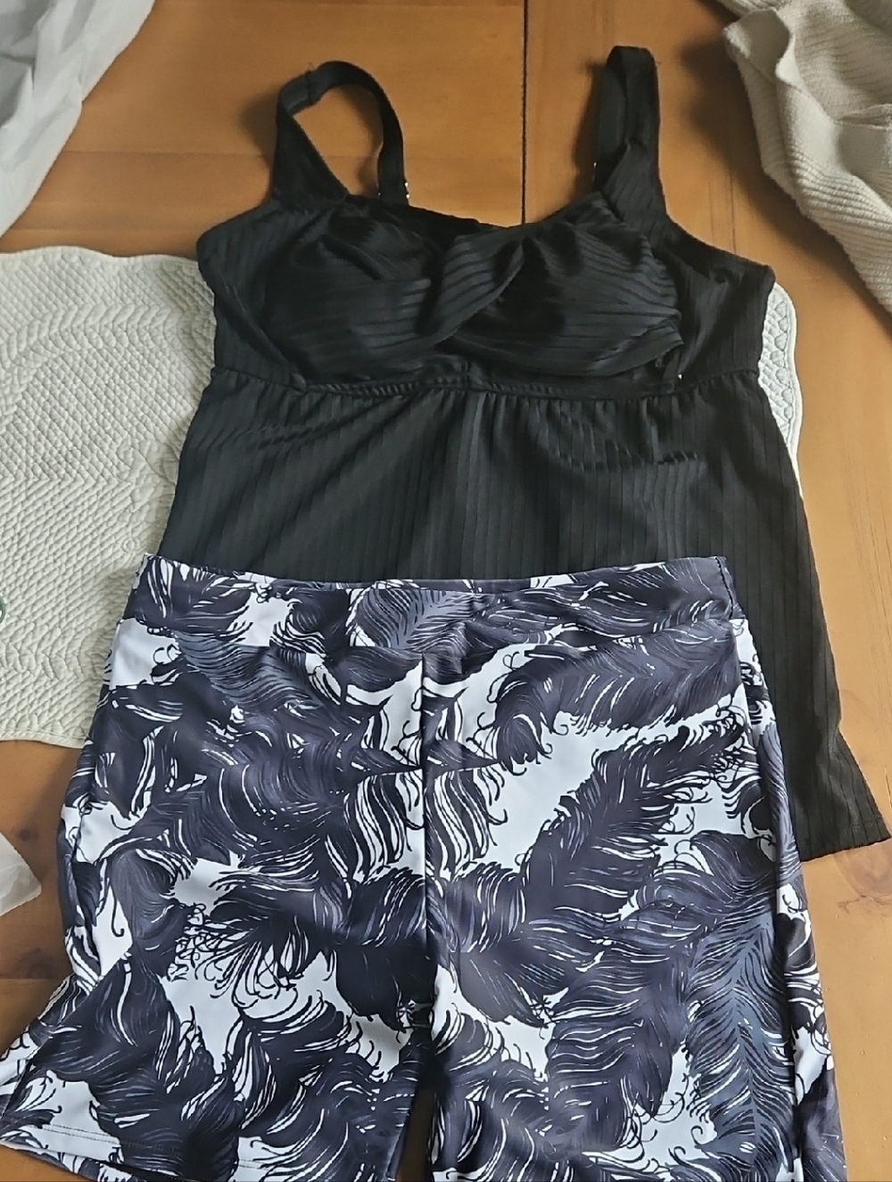 Black Sleeveless Top with Feather-Print Shorts
